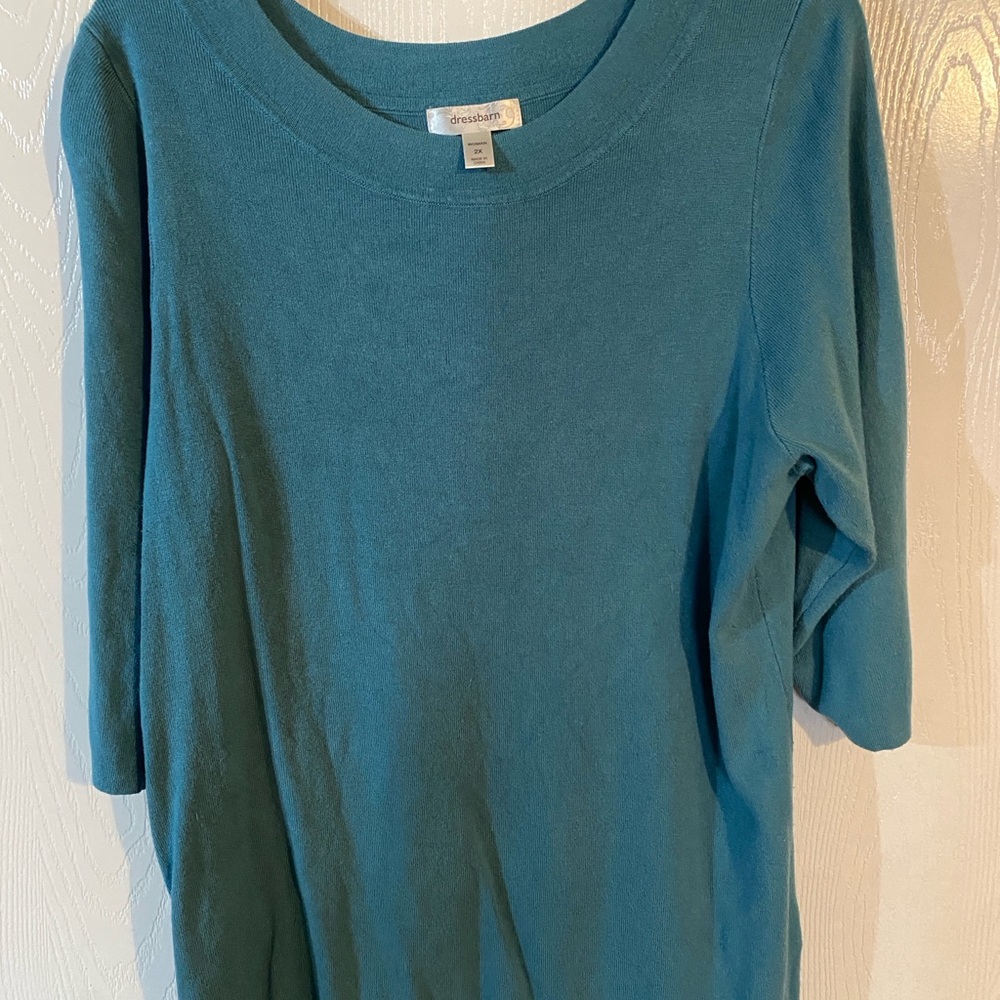 Dressbarn 2X Teal 3/4 Sleeve Boatneck Knit Top